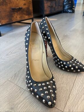 Christian Louboutin Black Leather Studded Pointed Pumps with Red Soles
